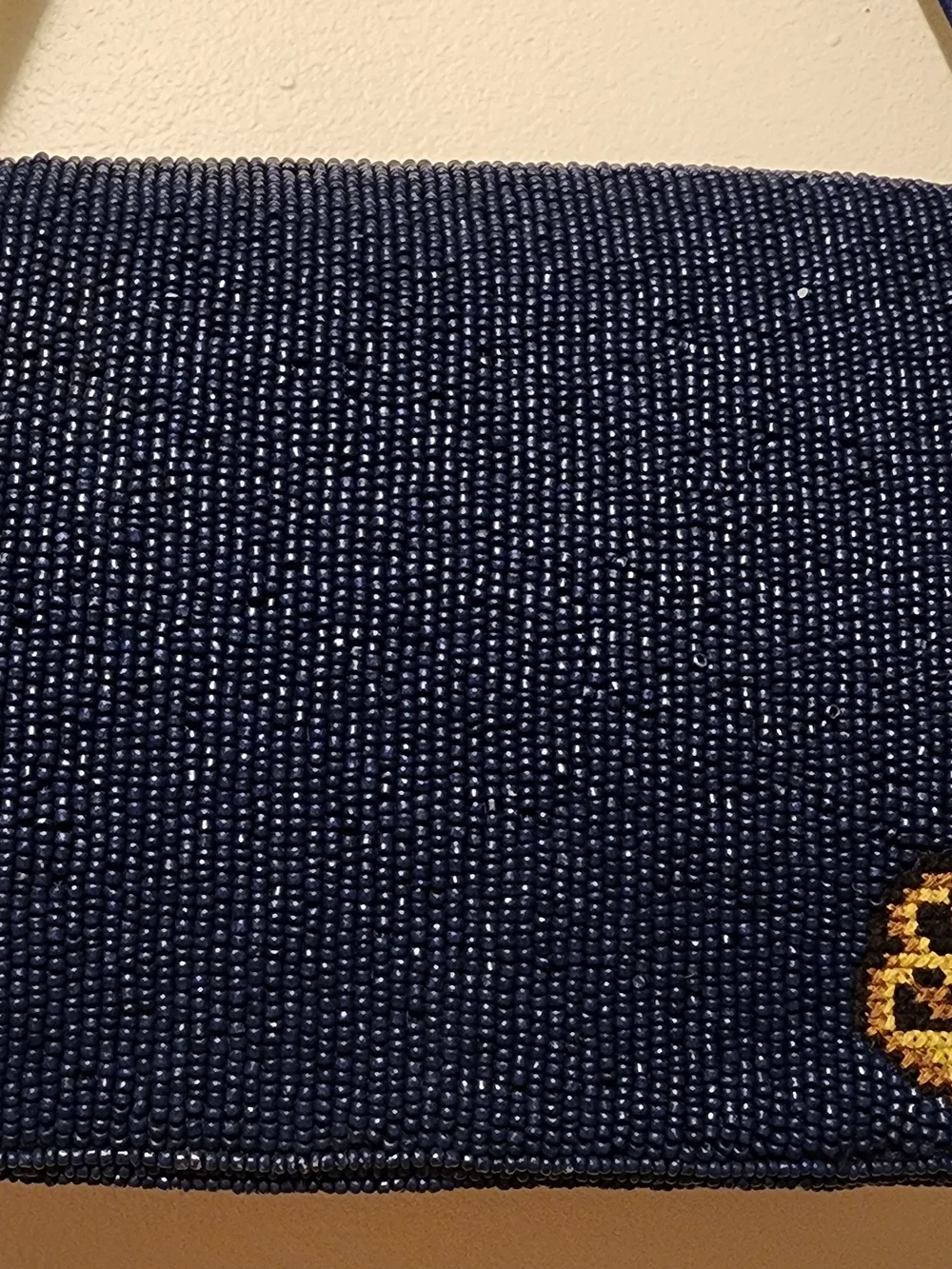 Blue Beaded Dog Tote Bag with Golden Dog Motif